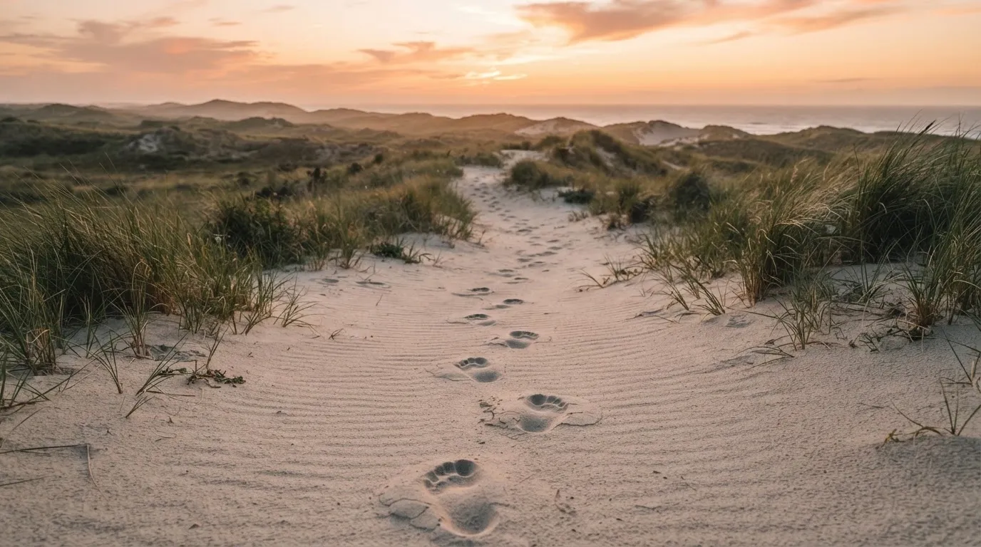 Spuren im Sand führen durch Dünengras auf den Horizont zu, die Sonne steht tief und färbt den Himmel orange.