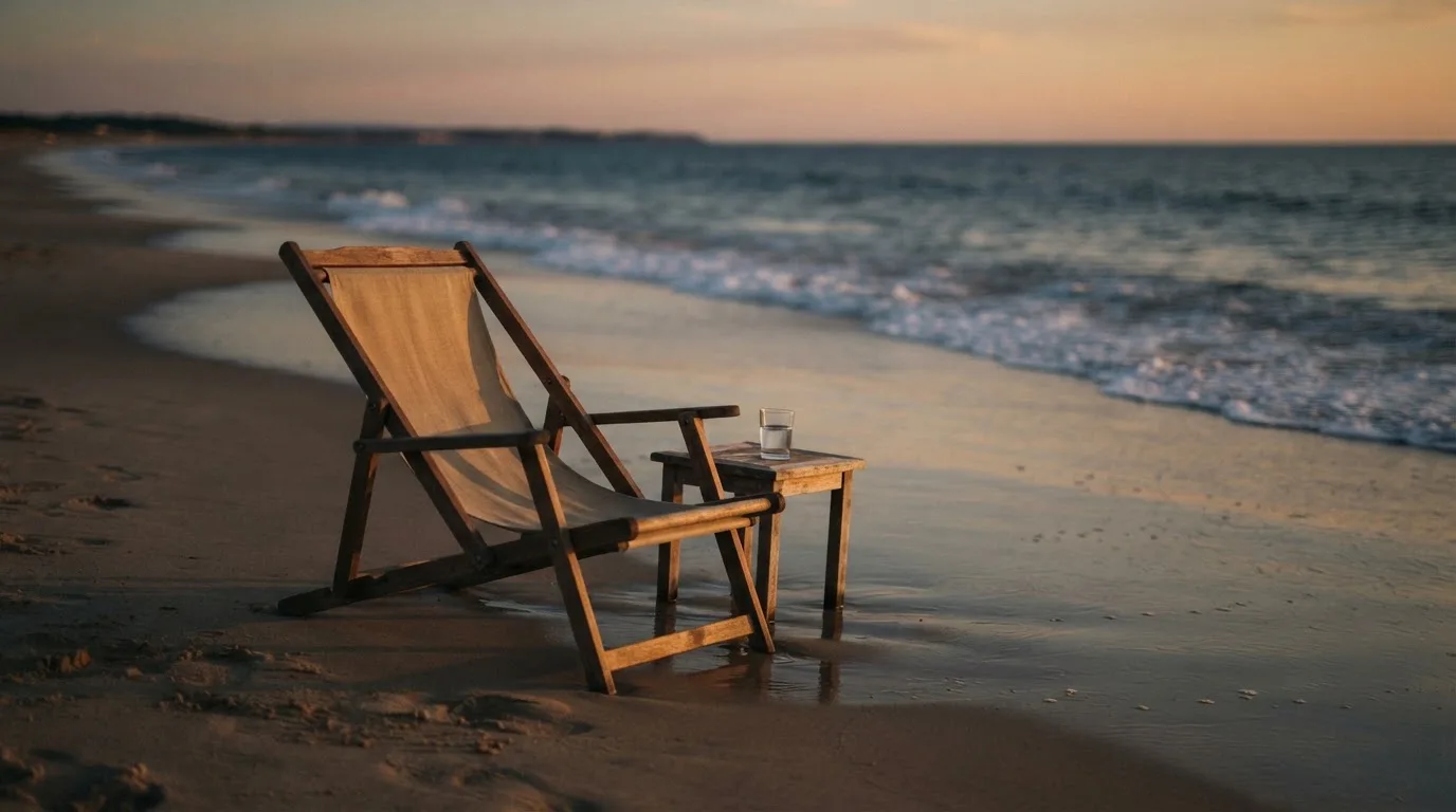 Ein leerer Liegestuhl aus Holz steht am Rand eines Sandstrands, Abendlicht und ruhige Wellen im Hintergrund.