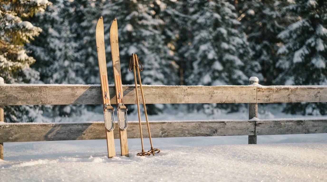 Ein Paar Langlaufskier steckt aufrecht im Schnee neben einem Holzzaun, die Sonne glitzert auf Eiskristallen.