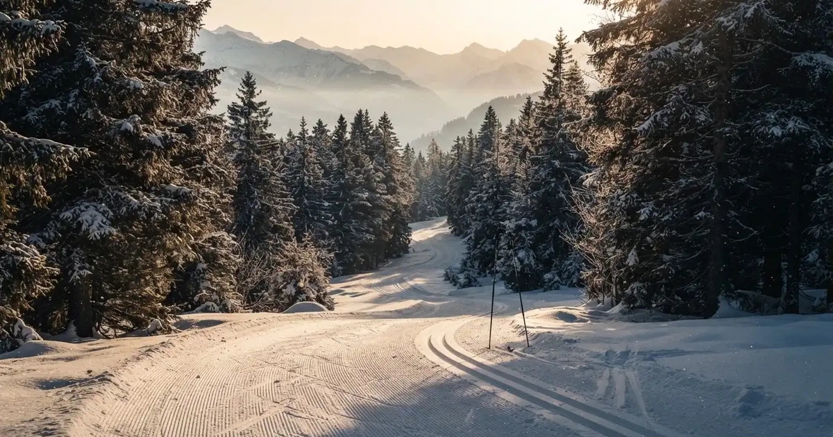 Eine verschneite Langlaufloipe führt durch Tannenwald im Morgenlicht, frische Spuren im Schnee, dahinter Berge im Dunst.