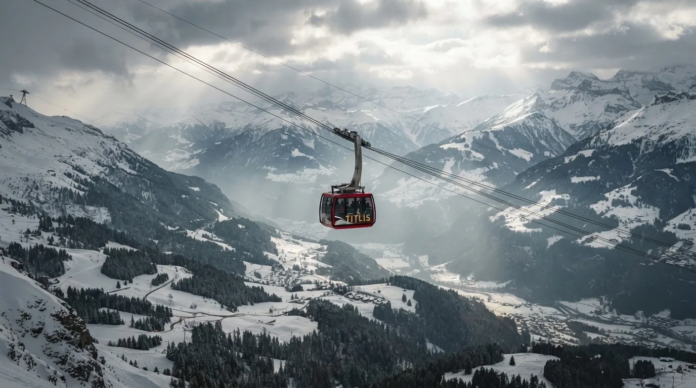 Eine Seilbahnkabine schwebt über einem verschneiten Tal, die Sonne bricht durch die Wolken und beleuchtet die Hänge.