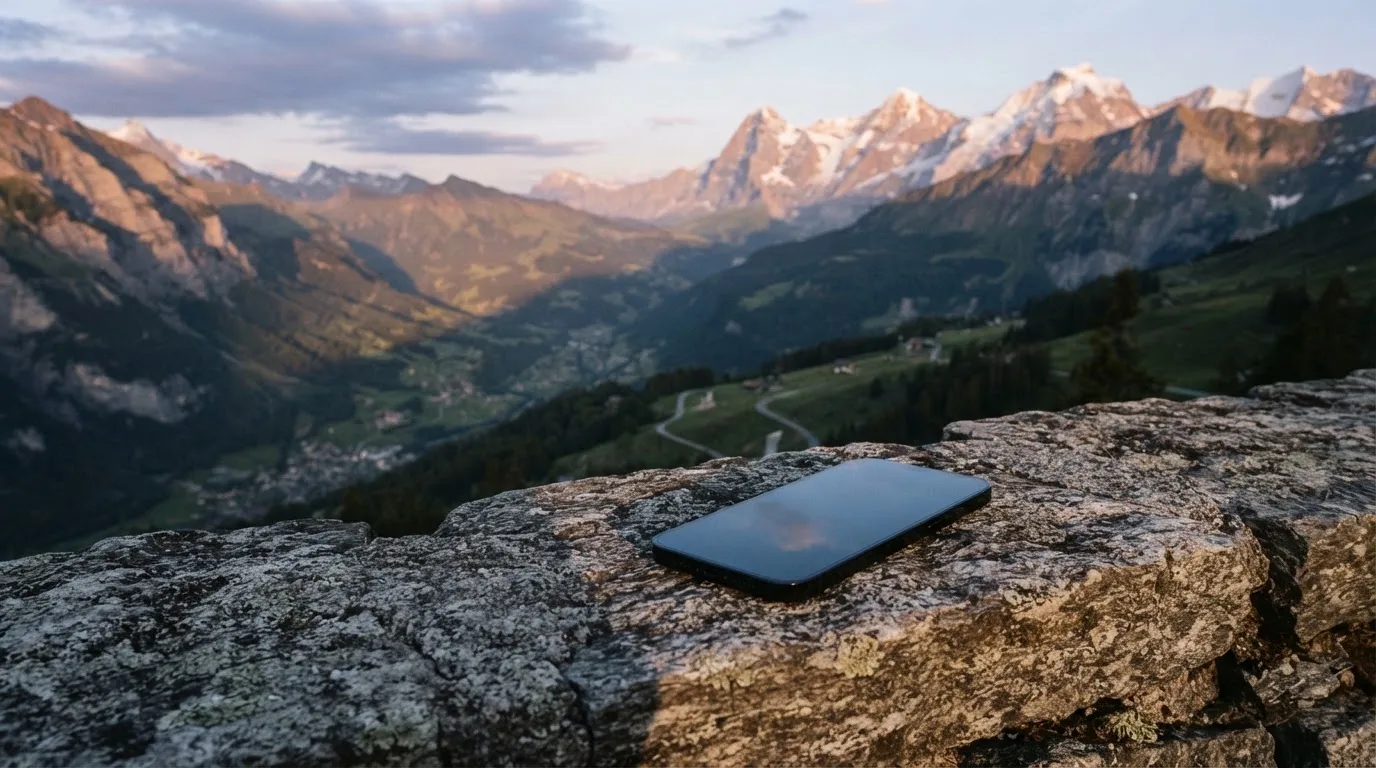 Ein Smartphone mit dunklem Display liegt auf einer Steinmauer, dahinter ein Alpental im Abendlicht