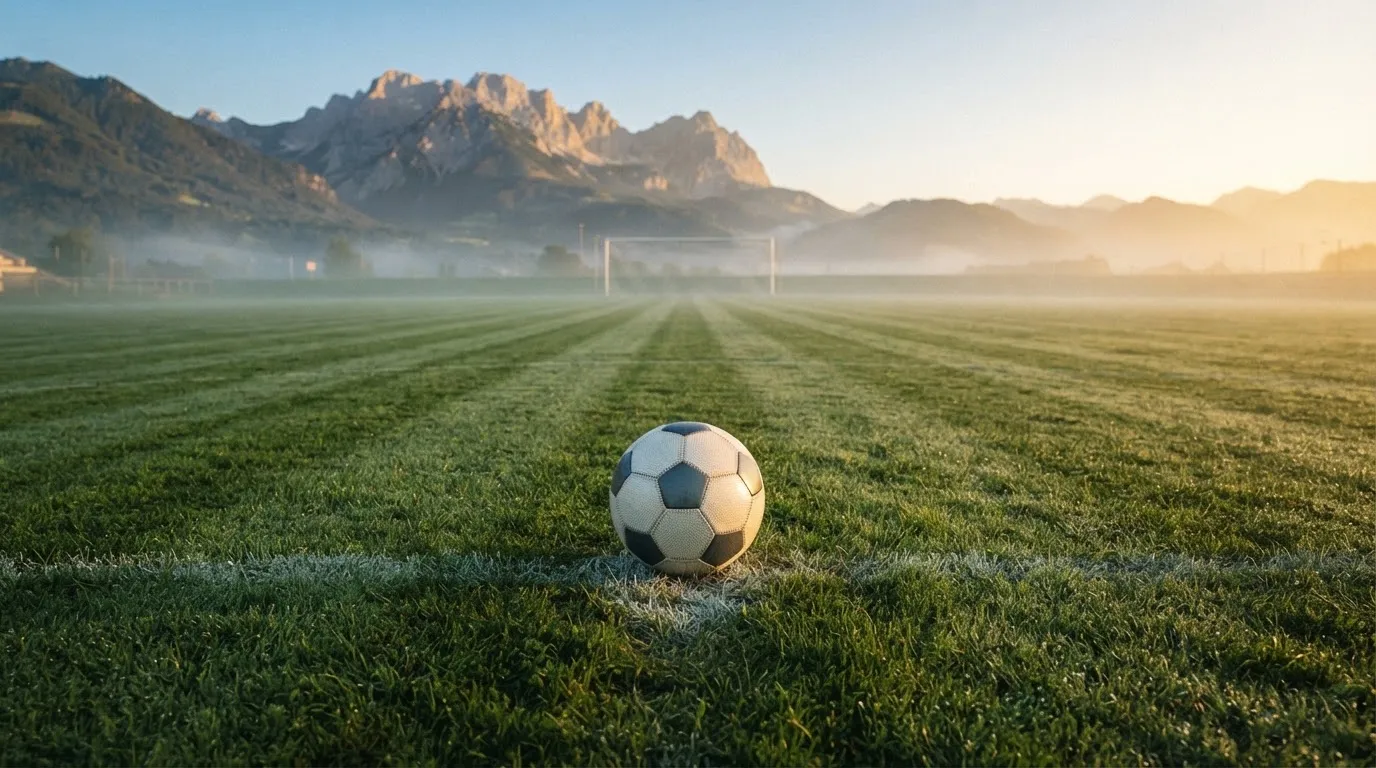 Ein einzelner Fussball auf dem Mittelpunkt eines leeren Rasens im Morgennebel, hinter dem Tor ragen Berge auf