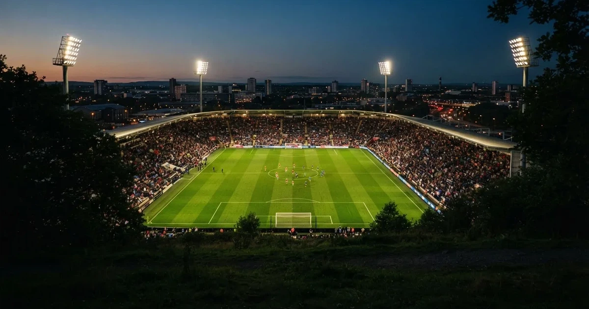 Ein Fussballstadion bei Flutlicht von einer Anhöhe aus gesehen, der Rasen leuchtet grün unter dunklem Abendhimmel