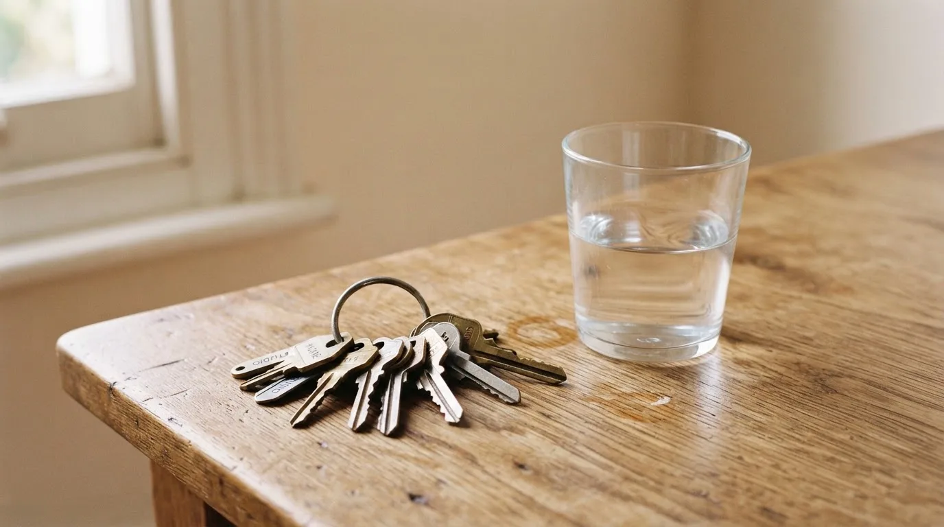 Ein Schlüsselbund und ein Glas Wasser stehen auf einem Holztisch im Licht eines Fensters