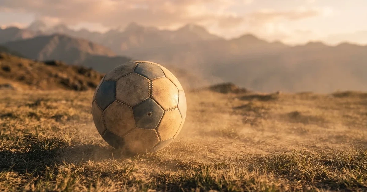 Ein Fussball auf einem staubigen Rasenstück in der Abendsonne, im Hintergrund eine hohe Bergkette