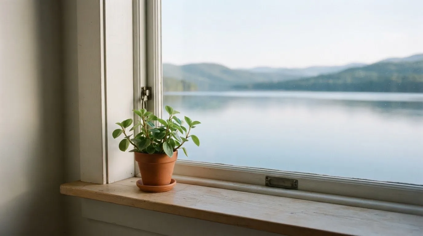Eine Topfpflanze auf einem Fensterbrett mit weitem Blick über einen stillen See am Morgen