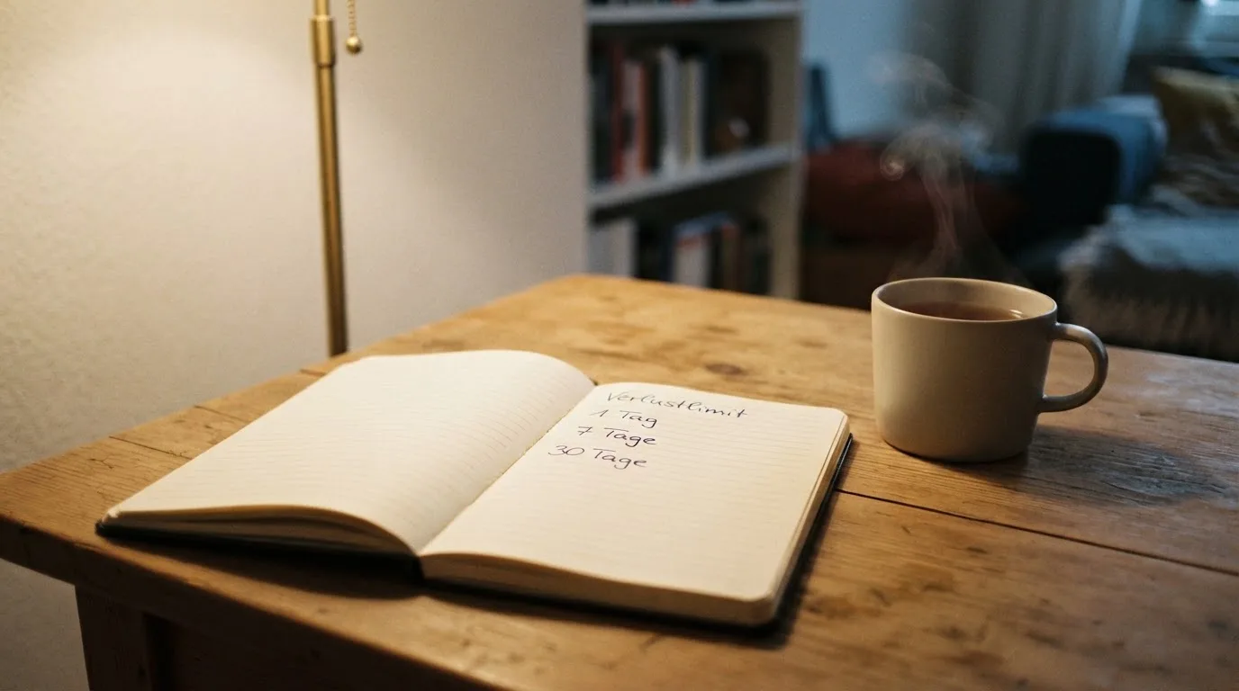 Ein Notizbuch mit handschriftlichen Einträgen und eine Tasse Tee stehen auf einem Tisch neben einer Stehlampe