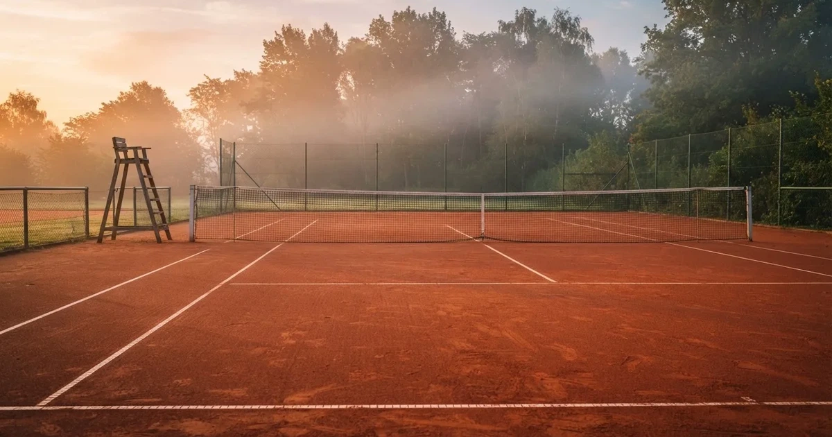 Ein Tennisplatz aus Sand bei Sonnenaufgang mit gespanntem Netz, Nebel zwischen den Bäumen am Rand
