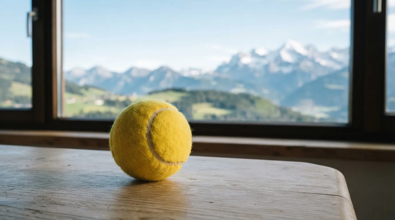 Ein einzelner gelber Tennisball liegt auf einem Holztisch vor einem Fenster mit Alpenblick