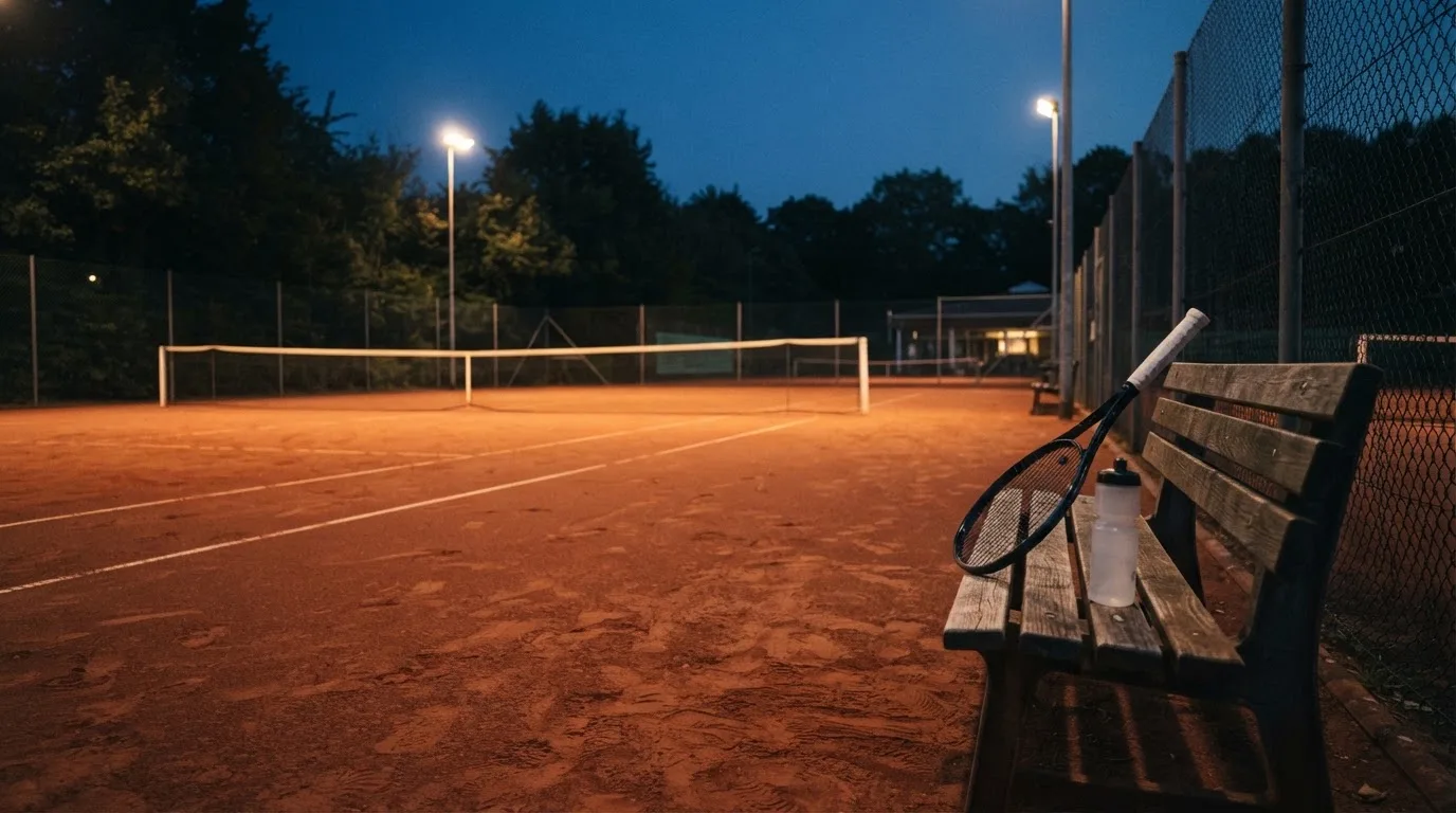 Ein Tennisschläger lehnt an einer Bank neben einer Wasserflasche, am Abend ruht der Platz im Flutlicht, aus der Ferne gesehen