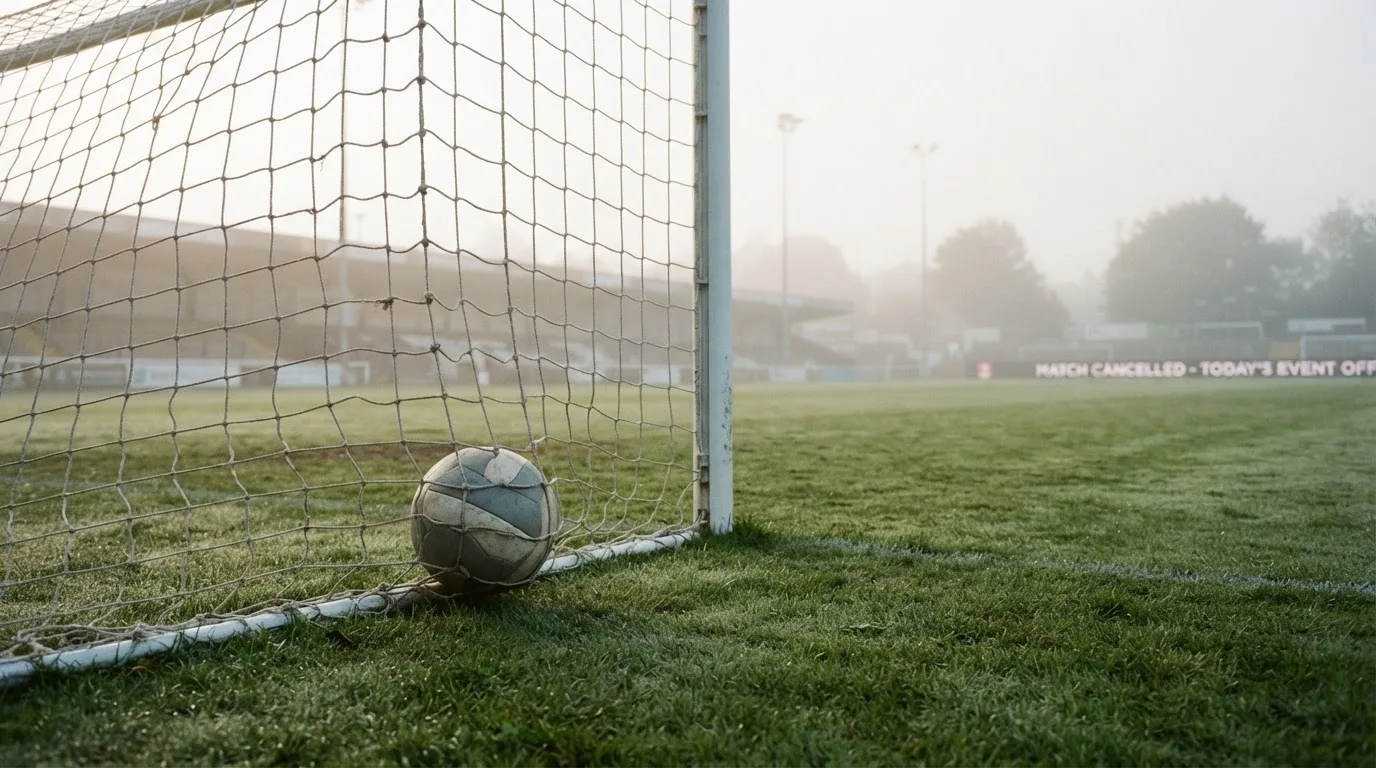 Ein Fussball liegt im Netz hinter einem Tor, weicher Morgennebel hängt über dem Rasen