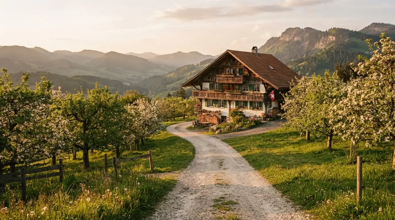 Ein Kiesweg führt durch einen Obstgarten zu einem Bauernhaus mit Holzbalkon, über dem Tal liegt Abendlicht