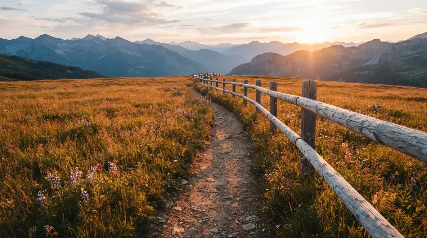 Ein Wanderweg führt durch eine Almwiese im Sonnenuntergang, am Wegrand steht ein Holzzaun