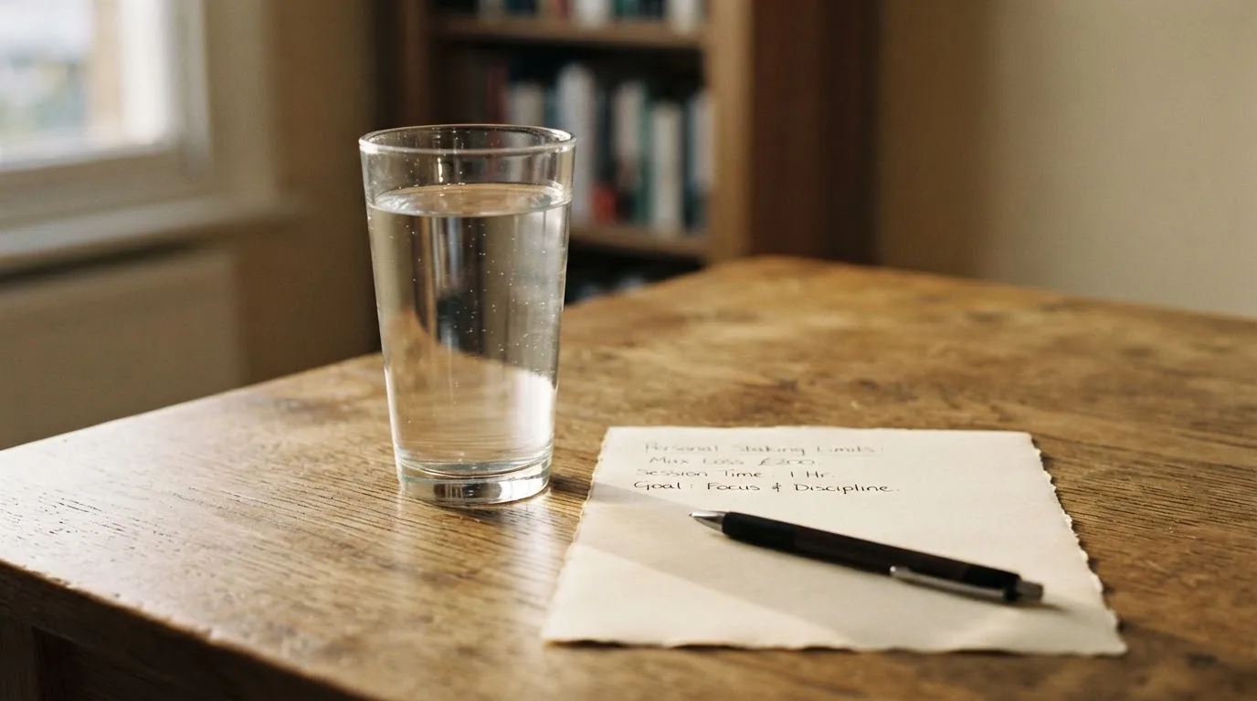 Ein Glas steht bis zum Rand gefüllt auf einem Holztisch, daneben ein Kugelschreiber und ein leeres Blatt Papier im Seitenlicht.