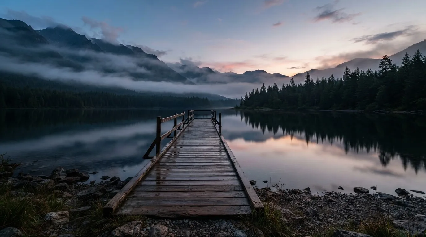 Ein Bergsee in der Dämmerung mit einem leeren Holzsteg, die Wasseroberfläche ist ruhig und Nebel zieht über die Hänge.