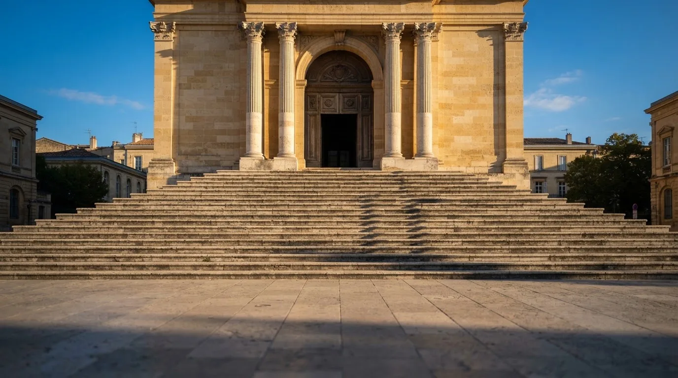 Eine steinerne Treppe führt zu einem Portal mit Säulen im Morgenlicht, der Platz davor ist leer.