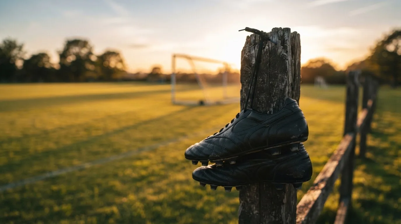 Ein Fussballschuh hängt an den Schnürsenkeln an einem Zaunpfosten neben einem Trainingsplatz im Abendlicht.