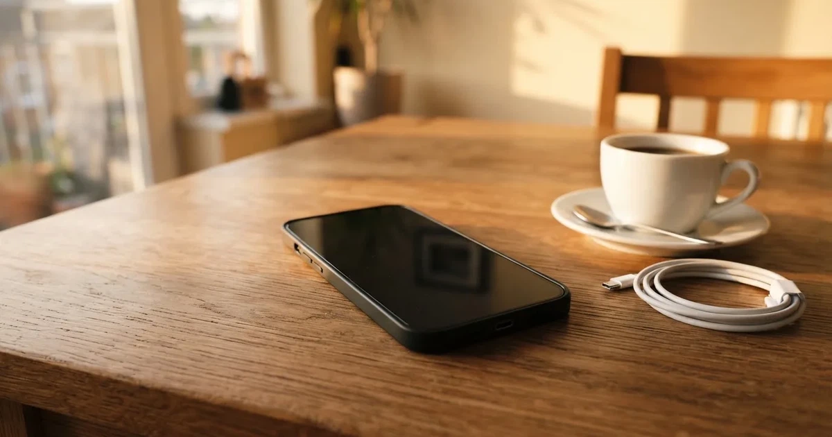 Ein Smartphone mit dunklem Display liegt auf einem Holztisch neben einem Ladekabel und einer Kaffeetasse.